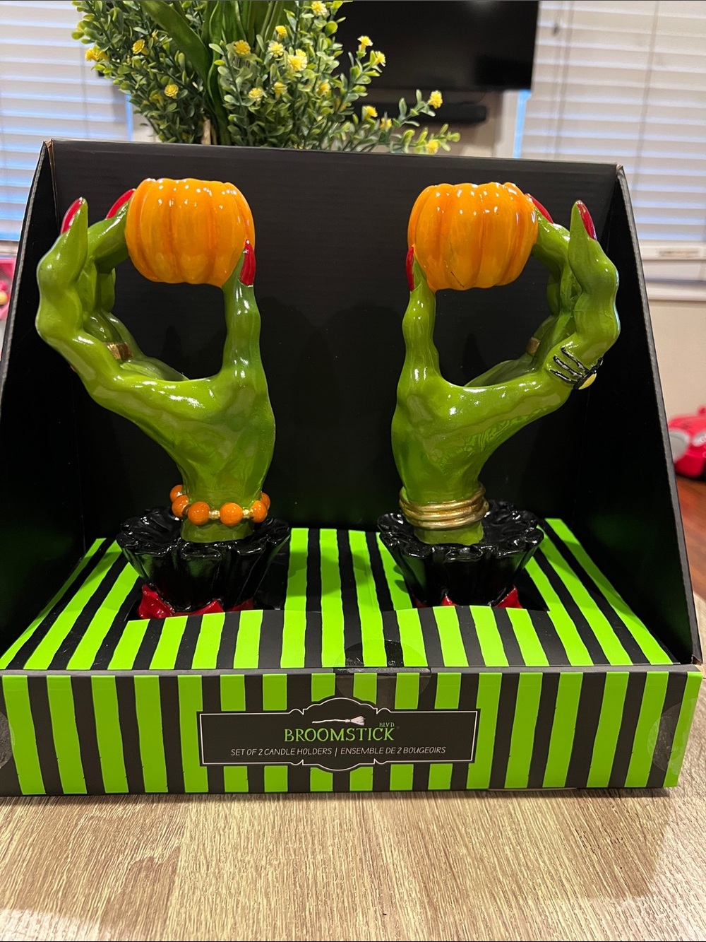 Halloween Witch Hand Pumpkin Candle Holders - Green & Orange